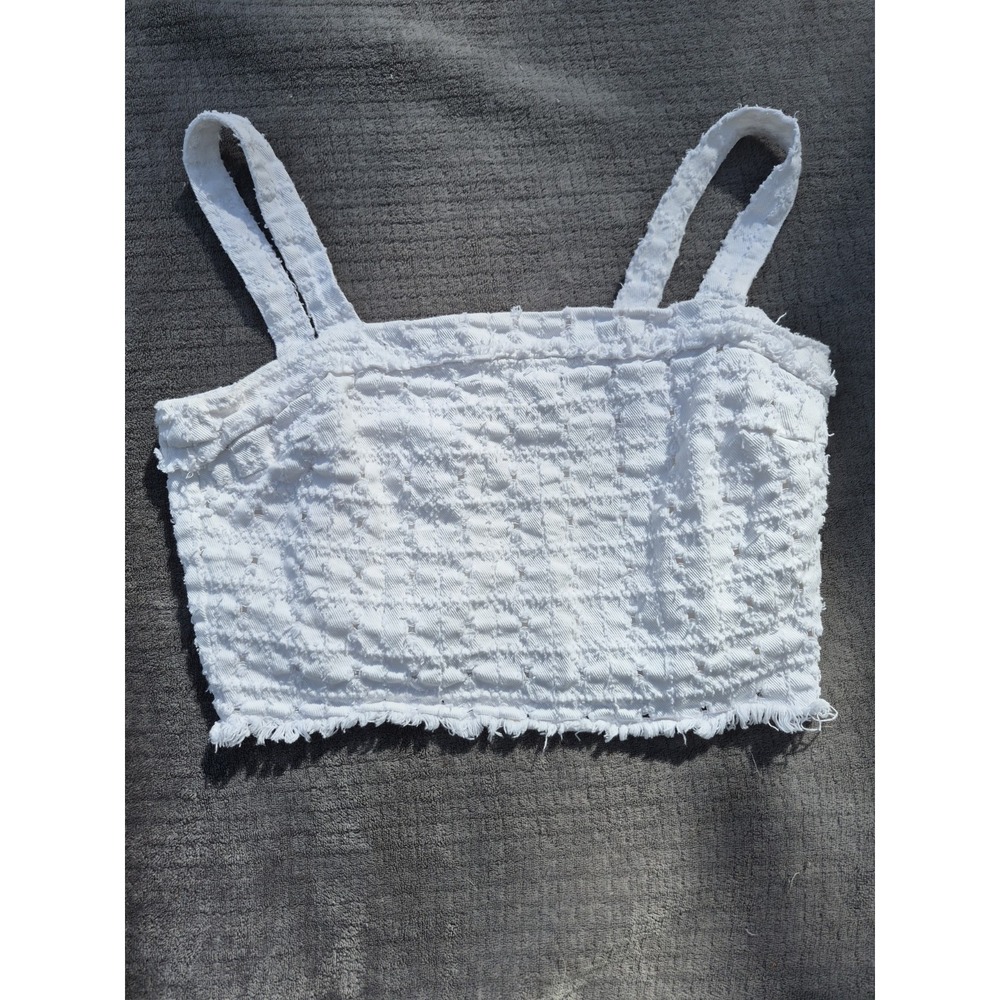 Lulus White Distressed Frayed Denim Crop Top Crop Cami Tank Size M Back Zip Y2k